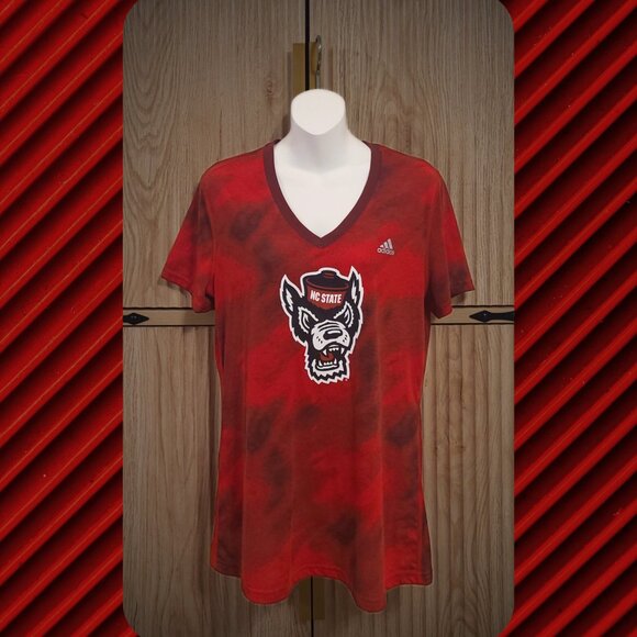 NC State Adidas Climalite V-Neck Tee – Size L | Red Tie-Dye Wolfpack Shirt - Picture 2 of 8